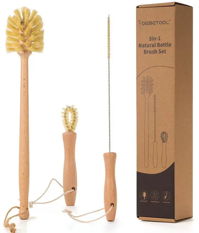 Main image of Natural Bottle Brush Set 3-in-1-13.7 Inch Long Handle Wooden Bottle Brush for Cleaning, Water Bottle Cleaner Brush for Cups & Wide Mouth Jars