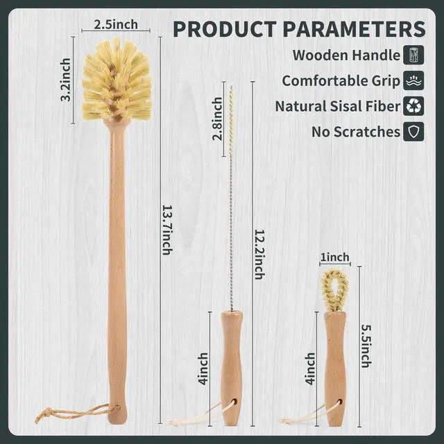 Alt view image 2 of 6 - Natural Bottle Brush Set 3-in-1-13.7 Inch Long Handle Wooden Bottle Brush for Cleaning, Water Bottle Cleaner Brush for Cups & Wide Mouth Jars
