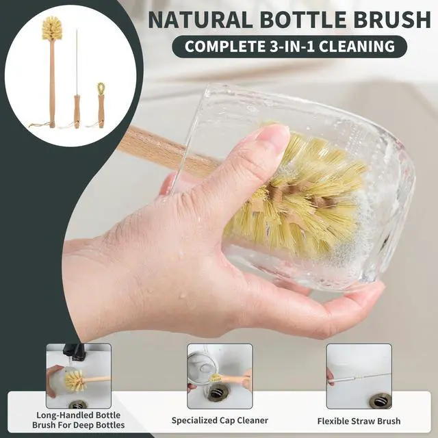 Alt view image 3 of 6 - Natural Bottle Brush Set 3-in-1-13.7 Inch Long Handle Wooden Bottle Brush for Cleaning, Water Bottle Cleaner Brush for Cups & Wide Mouth Jars