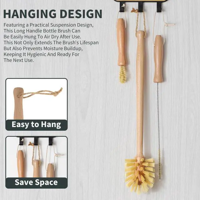 Alt view image 4 of 6 - Natural Bottle Brush Set 3-in-1-13.7 Inch Long Handle Wooden Bottle Brush for Cleaning, Water Bottle Cleaner Brush for Cups & Wide Mouth Jars