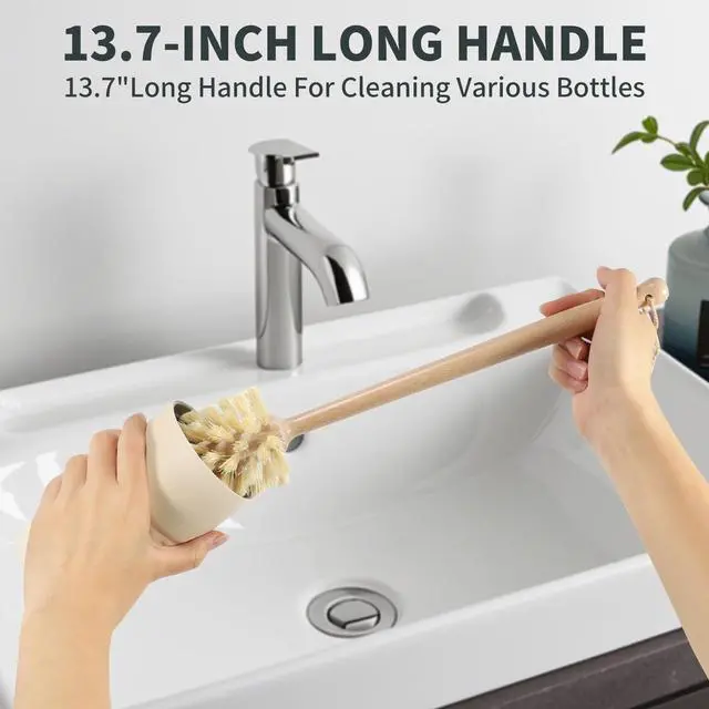 Alt view image 5 of 6 - Natural Bottle Brush Set 3-in-1-13.7 Inch Long Handle Wooden Bottle Brush for Cleaning, Water Bottle Cleaner Brush for Cups & Wide Mouth Jars