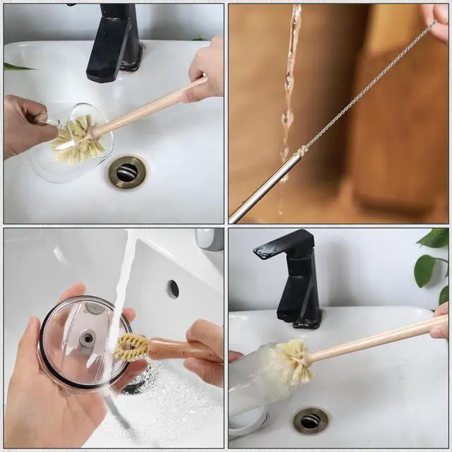 Alt view image 6 of 6 - Natural Bottle Brush Set 3-in-1-13.7 Inch Long Handle Wooden Bottle Brush for Cleaning, Water Bottle Cleaner Brush for Cups & Wide Mouth Jars