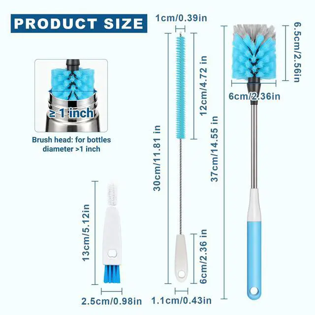 Alt view image 3 of 7 - Bottle Brush 15-inch Long Bottle Brush, Kitchen Brush Set with Straw Cleaner and Cup Lid Cleaning Brush. Bottle Brushes Suitable for Water Bottles, Cups, Glasses, Baby Bottles (3, Blue)