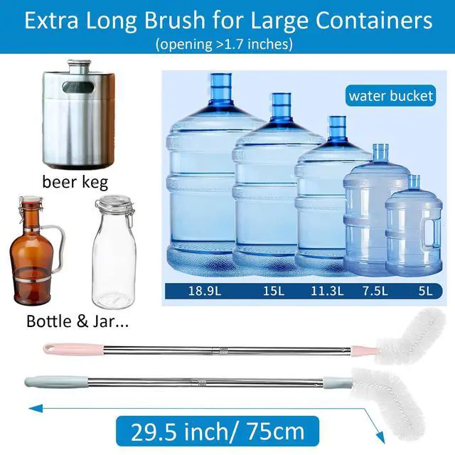 Alt view image 5 of 6 - 2 Pack 29.5" Bottle Brush Extra Long Stainless Steel Bottle Brushes Bendable Nylon Brush Durable 5-Gallon Water Bucket Cleaner Brushes 360° Scrubbing for Tanks, Barrels & Big Bottles (Opening > 1.7")