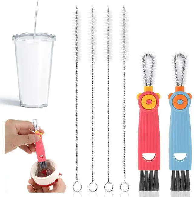 Main image of 6 Pcs Straw Cleaner Brush Kit, 3 in 1 Cup Lid Cleaning Brush, 17cm Long Straw Cleaner, Tumbler Cup Straw Cleaner, 304 Stainless Steel & Nylon Bristles, Red Blue