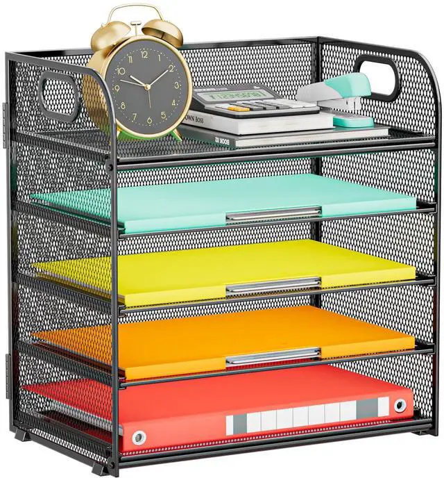 Main image of Paper Organizer Letter Tray with Handle, 5-Tier Black Stackable Desk Organizer with Metal Mesh, Sturdy Paper Tray for Office Desk, Home & Classroom Supplies Storage