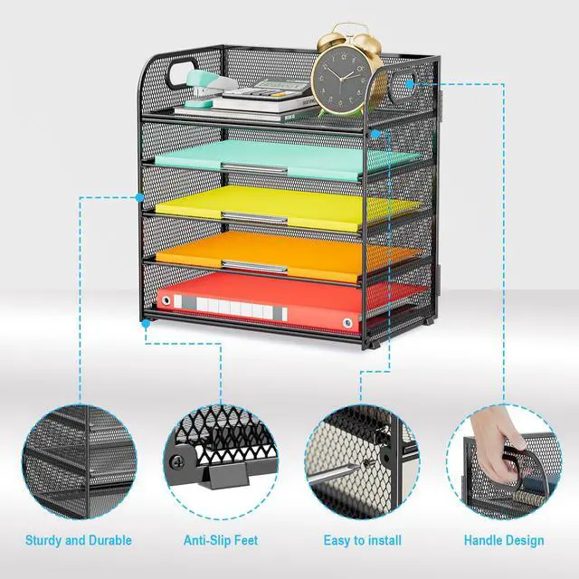 Alt view image 3 of 7 - Paper Organizer Letter Tray with Handle, 5-Tier Black Stackable Desk Organizer with Metal Mesh, Sturdy Paper Tray for Office Desk, Home & Classroom Supplies Storage