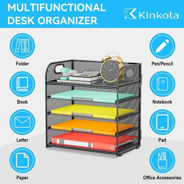 Alt view image 4 of 7 - Paper Organizer Letter Tray with Handle, 5-Tier Black Stackable Desk Organizer with Metal Mesh, Sturdy Paper Tray for Office Desk, Home & Classroom Supplies Storage