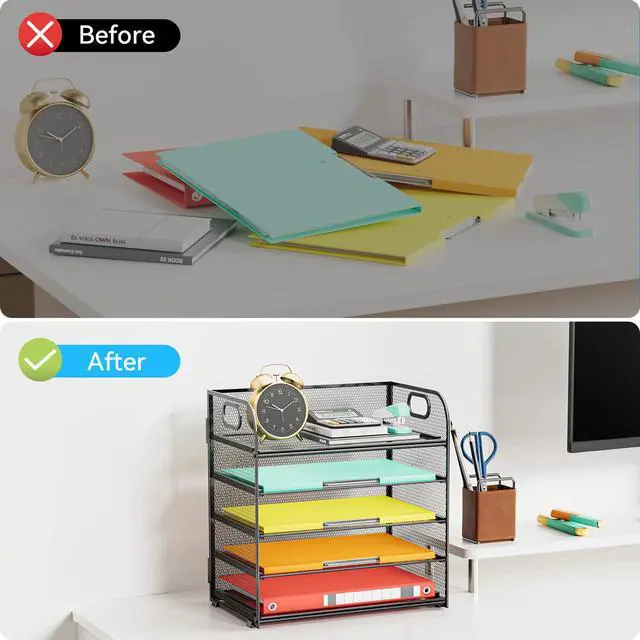 Alt view image 6 of 7 - Paper Organizer Letter Tray with Handle, 5-Tier Black Stackable Desk Organizer with Metal Mesh, Sturdy Paper Tray for Office Desk, Home & Classroom Supplies Storage