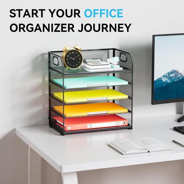 Alt view image 7 of 7 - Paper Organizer Letter Tray with Handle, 5-Tier Black Stackable Desk Organizer with Metal Mesh, Sturdy Paper Tray for Office Desk, Home & Classroom Supplies Storage