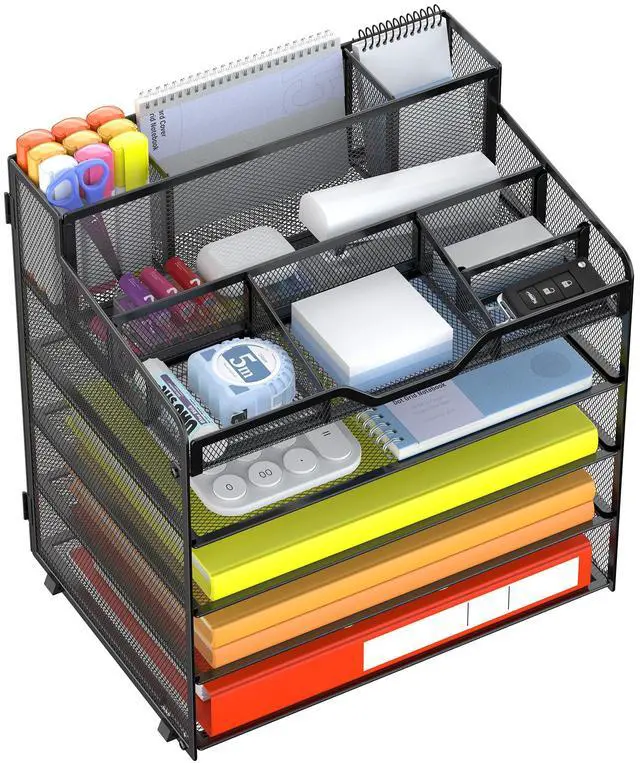 Main image of 5 Tier Mesh Desk Organizer for Paper Office Supplies Multi-Functional Letter Tray with 5 Adjustable Compartments, 3 Pen Holders, Desktop Storage for Files, Mail, Stationery Black