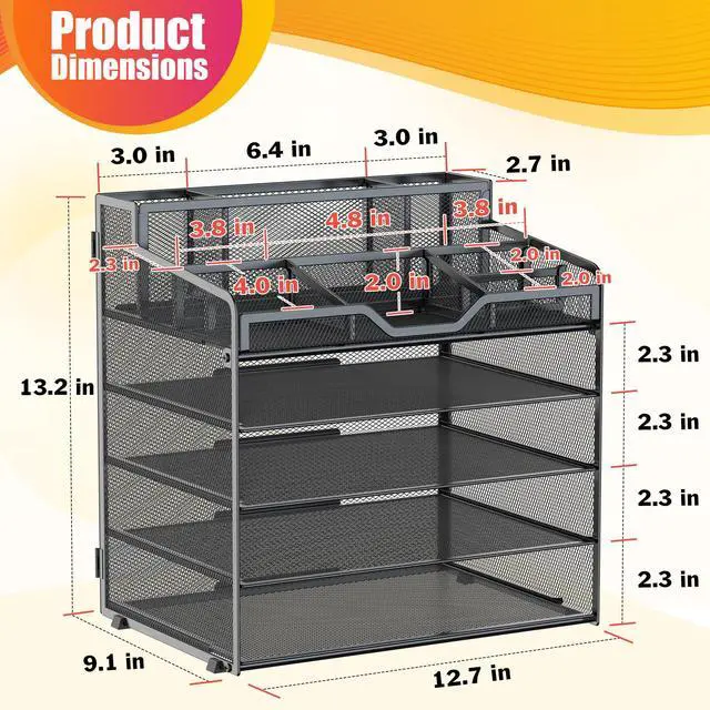 Alt view image 3 of 7 - 5 Tier Mesh Desk Organizer for Paper Office Supplies Multi-Functional Letter Tray with 5 Adjustable Compartments, 3 Pen Holders, Desktop Storage for Files, Mail, Stationery Black