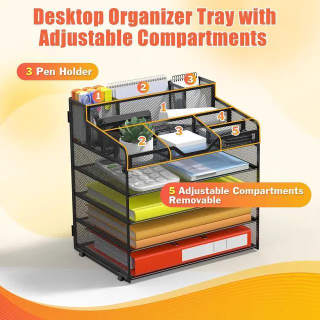 Alt view image 4 of 7 - 5 Tier Mesh Desk Organizer for Paper Office Supplies Multi-Functional Letter Tray with 5 Adjustable Compartments, 3 Pen Holders, Desktop Storage for Files, Mail, Stationery Black