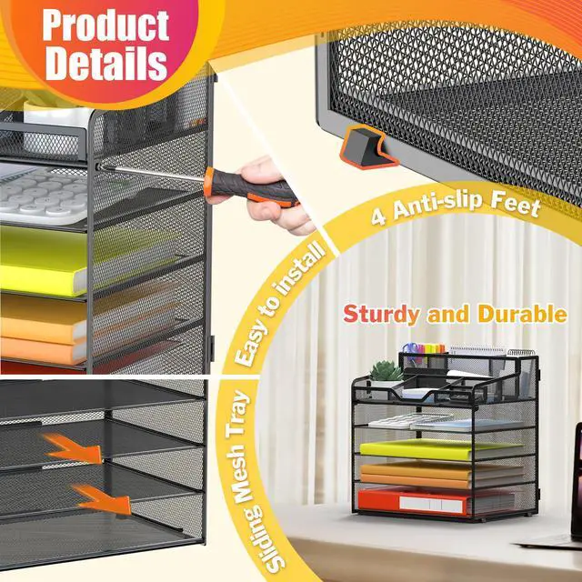 Alt view image 5 of 7 - 5 Tier Mesh Desk Organizer for Paper Office Supplies Multi-Functional Letter Tray with 5 Adjustable Compartments, 3 Pen Holders, Desktop Storage for Files, Mail, Stationery Black