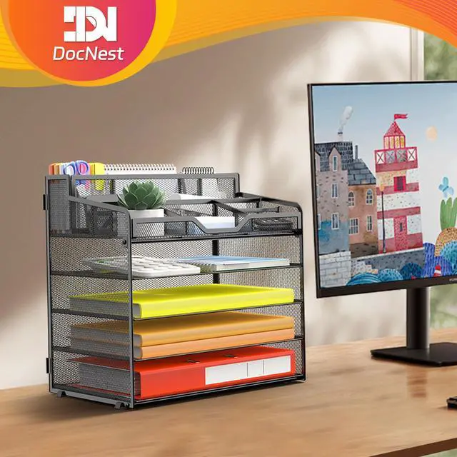 Alt view image 6 of 7 - 5 Tier Mesh Desk Organizer for Paper Office Supplies Multi-Functional Letter Tray with 5 Adjustable Compartments, 3 Pen Holders, Desktop Storage for Files, Mail, Stationery Black