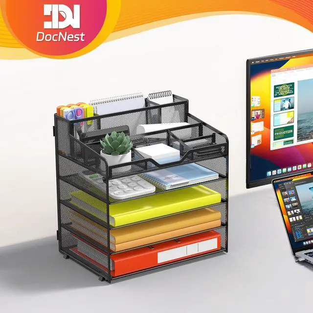 Alt view image 7 of 7 - 5 Tier Mesh Desk Organizer for Paper Office Supplies Multi-Functional Letter Tray with 5 Adjustable Compartments, 3 Pen Holders, Desktop Storage for Files, Mail, Stationery Black