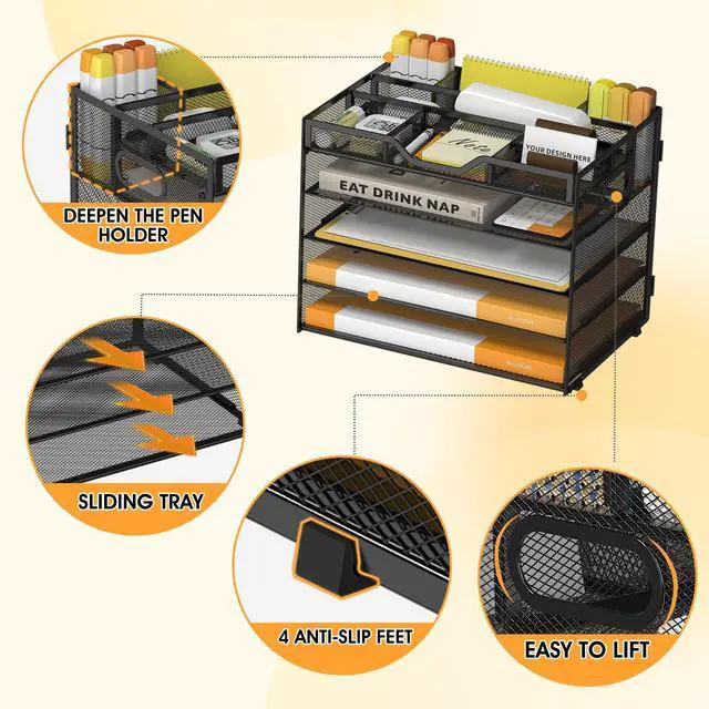 Alt view image 4 of 7 - 5 Tier Paper Letter Tray with 3 Drop-in Pen Holders, Mesh Desk File Organizer with Handle, Desk Organizers and Accessories for School,Home, Office Supplies Storage-Black