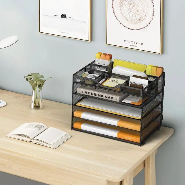 Alt view image 6 of 7 - 5 Tier Paper Letter Tray with 3 Drop-in Pen Holders, Mesh Desk File Organizer with Handle, Desk Organizers and Accessories for School,Home, Office Supplies Storage-Black