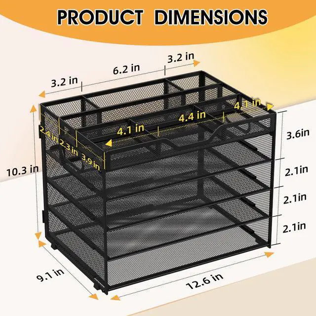 Alt view image 2 of 7 - 5 Tier Paper Letter Tray with 3 Drop-in Pen Holders, Mesh Desk File Organizer with Handle, Desk Organizers and Accessories for School,Home, Office Supplies Storage-Black