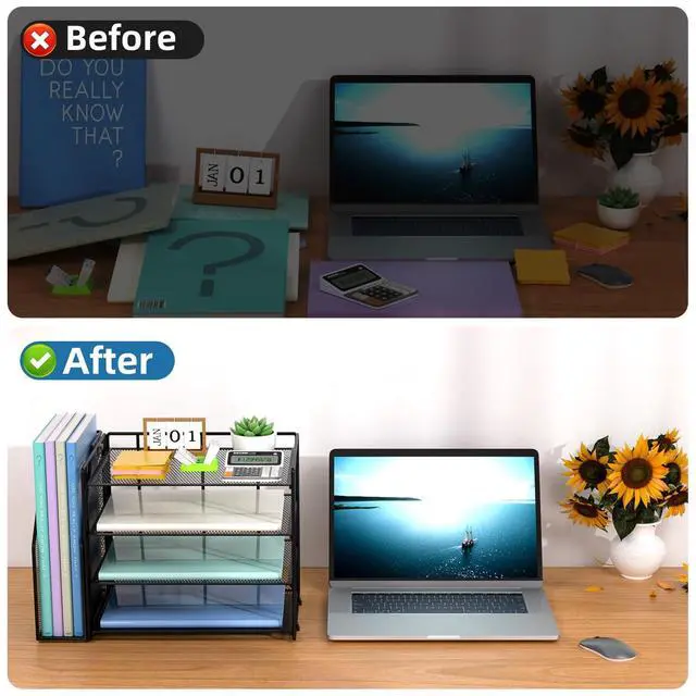 Alt view image 2 of 7 - Desk Organizer and Accessories4-Tier Paper Letter Tray Organizer with File HolderDesk Accessories & Workspace Desktop Organizers for School Home Office Supplies (Black)