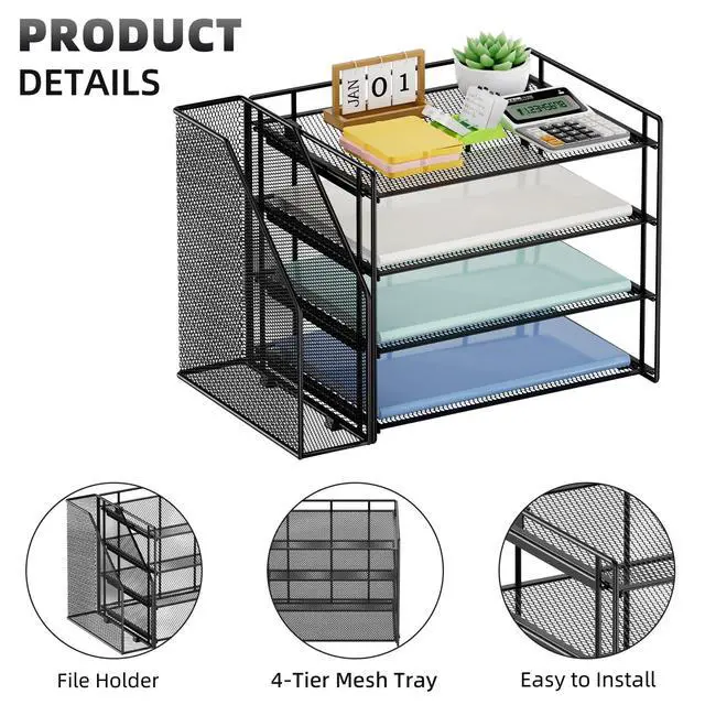 Alt view image 4 of 7 - Desk Organizer and Accessories4-Tier Paper Letter Tray Organizer with File HolderDesk Accessories & Workspace Desktop Organizers for School Home Office Supplies (Black)