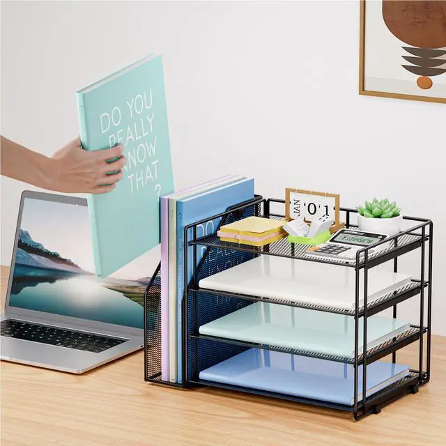 Alt view image 5 of 7 - Desk Organizer and Accessories4-Tier Paper Letter Tray Organizer with File HolderDesk Accessories & Workspace Desktop Organizers for School Home Office Supplies (Black)