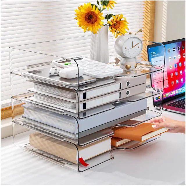 Alt view image 2 of 7 - Paper Organizer Letter Tray, 4 Pack Acrylic Stackable Desk File Organizer,Versatile Clear Office Organizer for File Paper, Ipad, Letter, A4 Office File, Books, Notes, Etc
