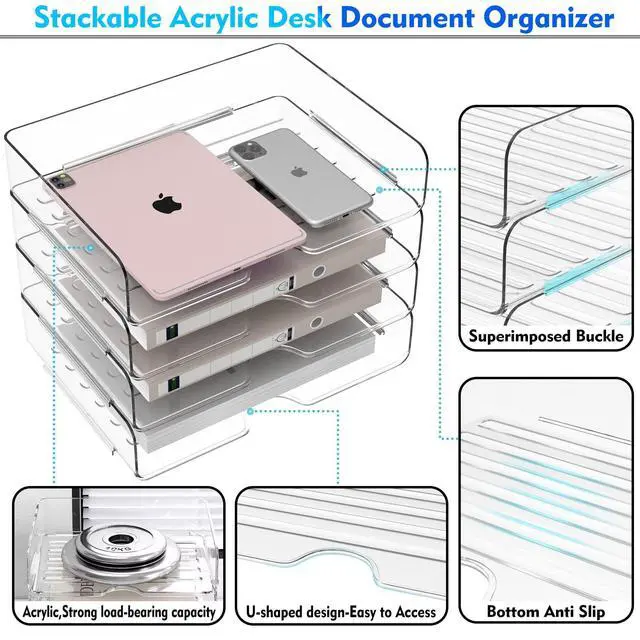 Alt view image 6 of 7 - Paper Organizer Letter Tray, 4 Pack Acrylic Stackable Desk File Organizer,Versatile Clear Office Organizer for File Paper, Ipad, Letter, A4 Office File, Books, Notes, Etc