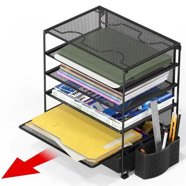 Alt view image 3 of 7 - 5-Tier Document File Tray with Sliding Drawer and Pen Bucket, Black