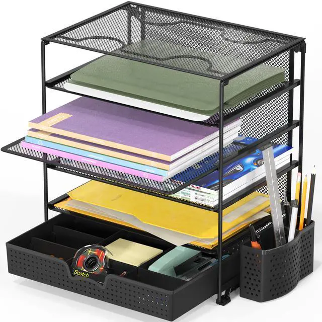 Main image of 5-Tier Document File Tray with Sliding Drawer and Pen Bucket, Black