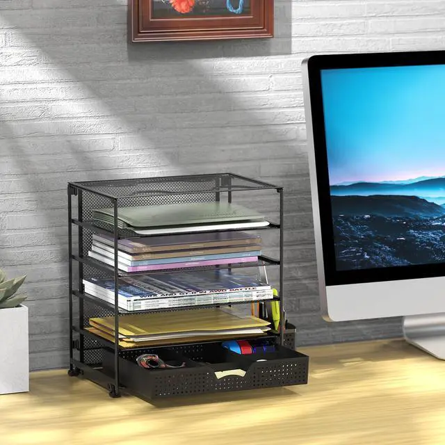 Alt view image 4 of 7 - 5-Tier Document File Tray with Sliding Drawer and Pen Bucket, Black