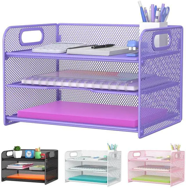 Main image of 3 Tier Purple Letter Tray Paper Organizer with Handle, Mesh Desk Organizer Paper Sorter File Rack Shelves, Purple