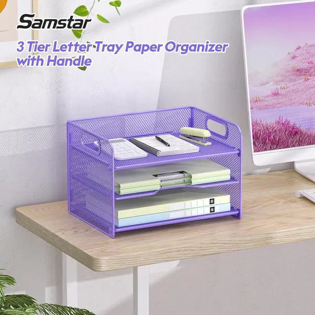 Alt view image 2 of 6 - 3 Tier Purple Letter Tray Paper Organizer with Handle, Mesh Desk Organizer Paper Sorter File Rack Shelves, Purple