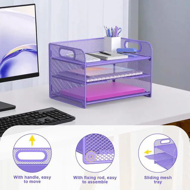 Alt view image 3 of 6 - 3 Tier Purple Letter Tray Paper Organizer with Handle, Mesh Desk Organizer Paper Sorter File Rack Shelves, Purple