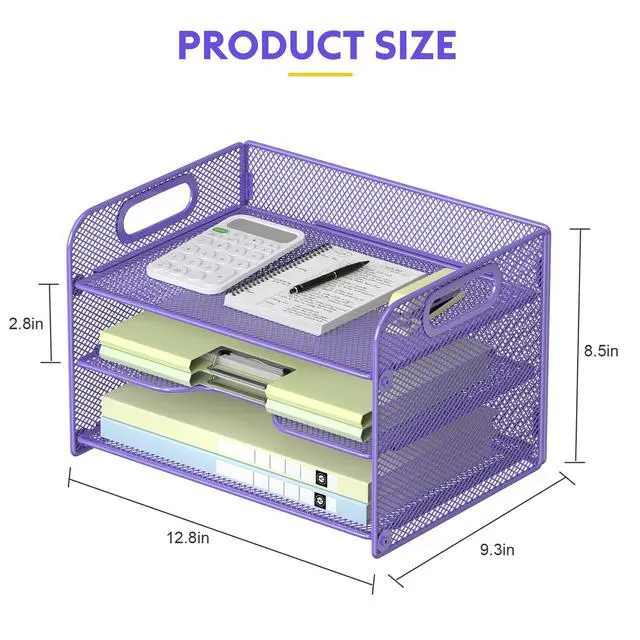 Alt view image 4 of 6 - 3 Tier Purple Letter Tray Paper Organizer with Handle, Mesh Desk Organizer Paper Sorter File Rack Shelves, Purple