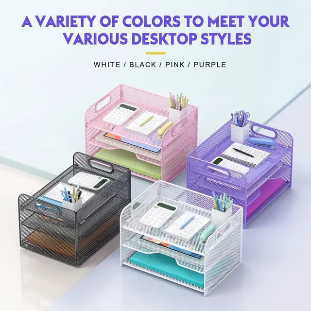 Alt view image 6 of 6 - 3 Tier Purple Letter Tray Paper Organizer with Handle, Mesh Desk Organizer Paper Sorter File Rack Shelves, Purple