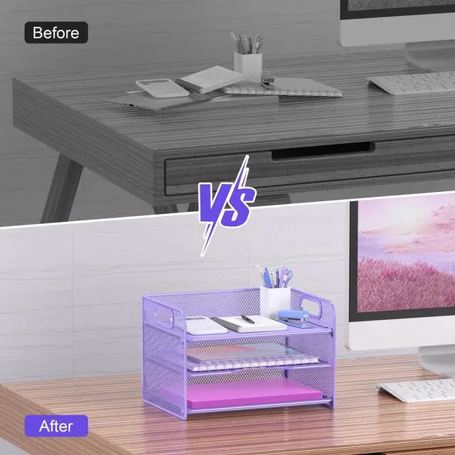 Alt view image 5 of 6 - 3 Tier Purple Letter Tray Paper Organizer with Handle, Mesh Desk Organizer Paper Sorter File Rack Shelves, Purple
