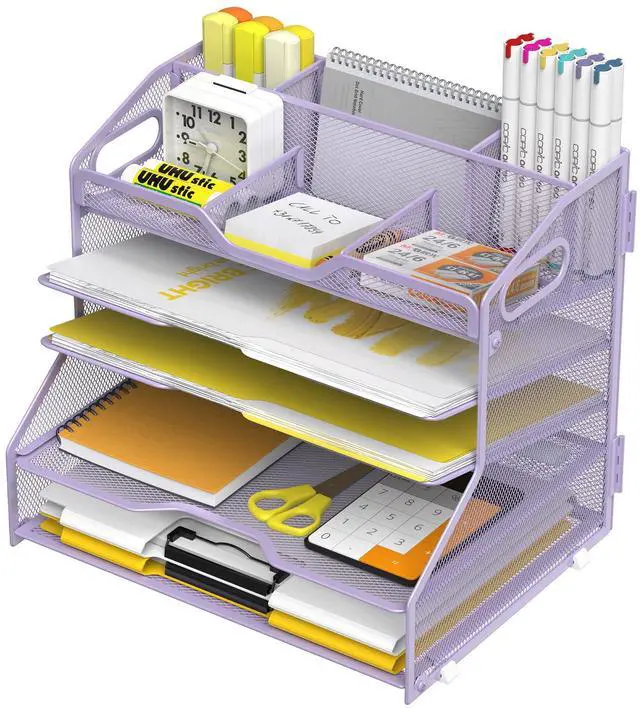 Main image of 5 Tier Paper Tray Letter Organizer with Top 6 Adjustable Compartments - Paper Sorter Office Desktop Accessories with Handles for Document,Mail,School Supplies Storage,Purple