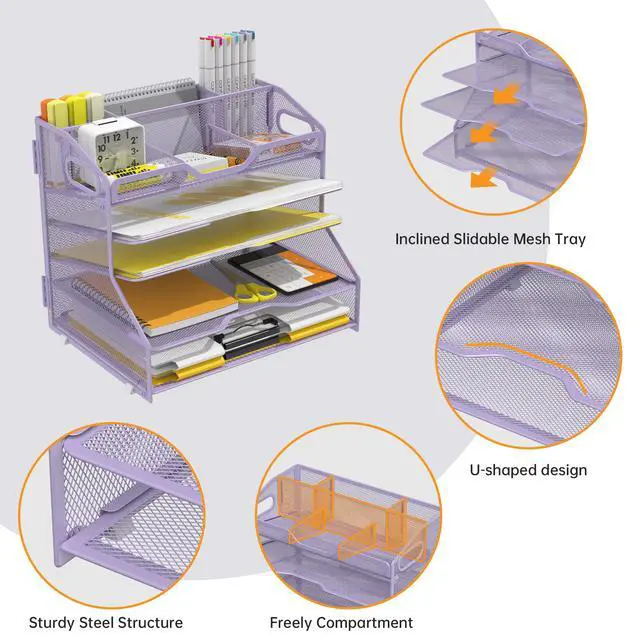 Alt view image 5 of 7 - 5 Tier Paper Tray Letter Organizer with Top 6 Adjustable Compartments - Paper Sorter Office Desktop Accessories with Handles for Document,Mail,School Supplies Storage,Purple
