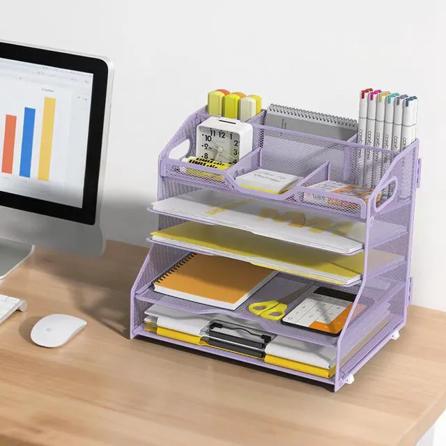 Alt view image 6 of 7 - 5 Tier Paper Tray Letter Organizer with Top 6 Adjustable Compartments - Paper Sorter Office Desktop Accessories with Handles for Document,Mail,School Supplies Storage,Purple