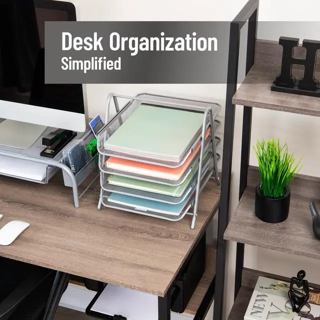 Alt view image 2 of 7 - 4-Tier Paper Tray, Desktop Organizer, File Storage, Office, Metal Mesh, 12"L x 13.75"W x 12.5"H, Silver