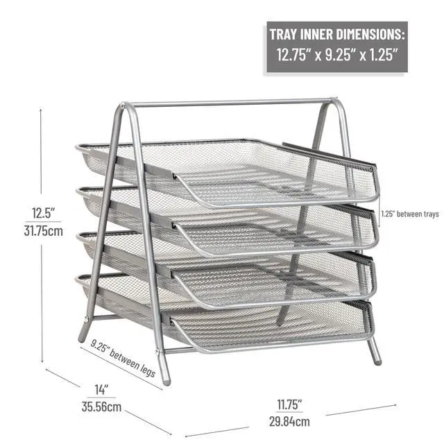 Alt view image 3 of 7 - 4-Tier Paper Tray, Desktop Organizer, File Storage, Office, Metal Mesh, 12"L x 13.75"W x 12.5"H, Silver