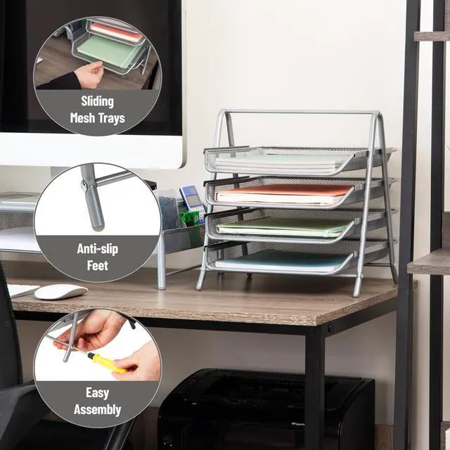 Alt view image 4 of 7 - 4-Tier Paper Tray, Desktop Organizer, File Storage, Office, Metal Mesh, 12"L x 13.75"W x 12.5"H, Silver