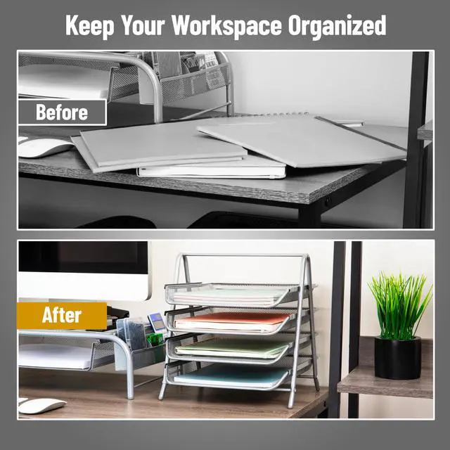 Alt view image 5 of 7 - 4-Tier Paper Tray, Desktop Organizer, File Storage, Office, Metal Mesh, 12"L x 13.75"W x 12.5"H, Silver