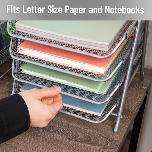 Alt view image 6 of 7 - 4-Tier Paper Tray, Desktop Organizer, File Storage, Office, Metal Mesh, 12"L x 13.75"W x 12.5"H, Silver