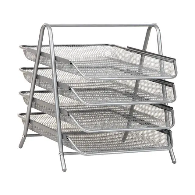 Alt view image 7 of 7 - 4-Tier Paper Tray, Desktop Organizer, File Storage, Office, Metal Mesh, 12"L x 13.75"W x 12.5"H, Silver