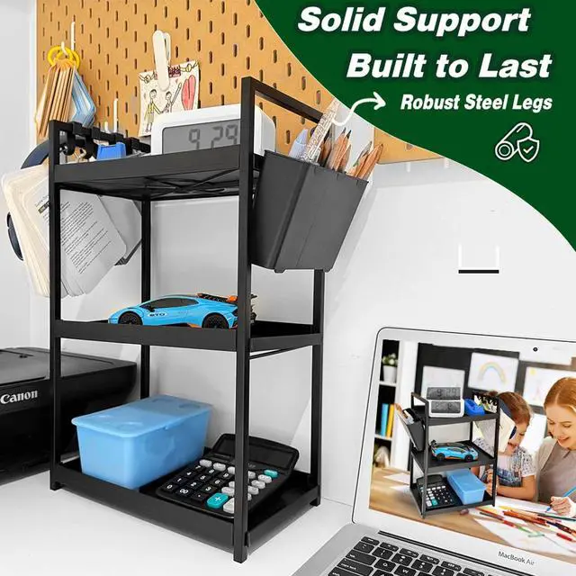 Alt view image 2 of 7 - Desk Shelf Organizer, 3 Tier Office Desktop Storage Rack, Multifunctional Paper and Letter Tray Holder, Small Tabletop Shelf or Dresser for Books, Plants & Accessories,Display Shelf for Office, Home