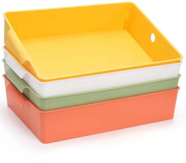 Main image of 4 Pack Plastic Paper Trays for Classroom, A4 Letter Size Turn in Paper Organizer Baskets with Handle, Stackable Storage Bins for Drawer, Desk, Office, Library, 4 Colors