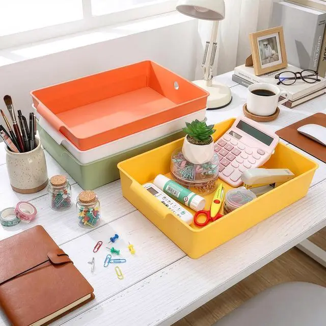 Alt view image 6 of 7 - 4 Pack Plastic Paper Trays for Classroom, A4 Letter Size Turn in Paper Organizer Baskets with Handle, Stackable Storage Bins for Drawer, Desk, Office, Library, 4 Colors
