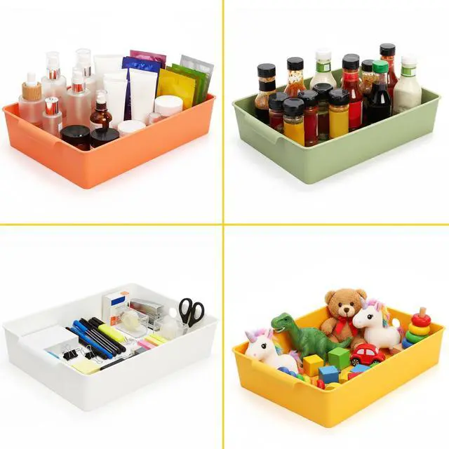 Alt view image 5 of 7 - 4 Pack Plastic Paper Trays for Classroom, A4 Letter Size Turn in Paper Organizer Baskets with Handle, Stackable Storage Bins for Drawer, Desk, Office, Library, 4 Colors